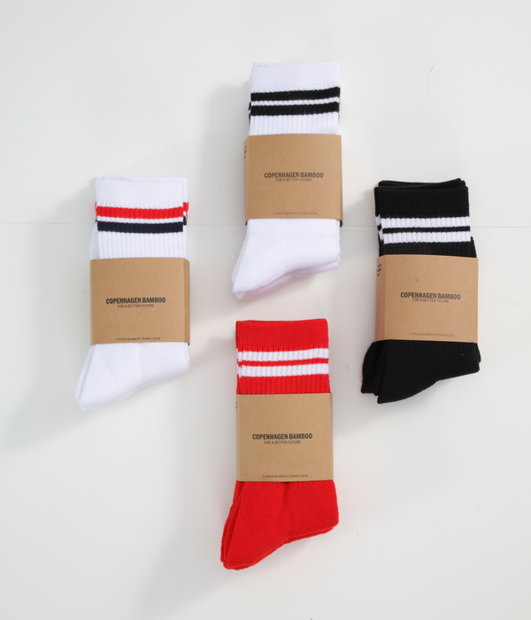 3 pairs of white bamboo tennis socks with blue/red stripes and long rib
