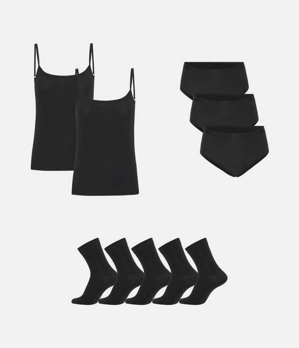 Bamboo Package - Top with Thin Straps & Maxi Panties & Stockings - Black
